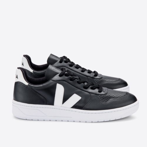 Veja V-10 Leather Mens Trainers Black UK 87659